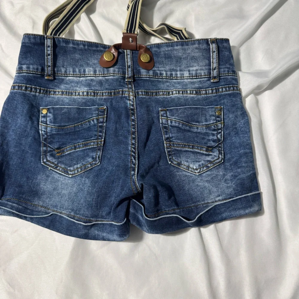 Yellow Beetle Denim Shorts w/ Striped Suspenders | Size 29 Y2K Retro Streetwear - Picture 2 of 11